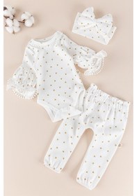 Resim Kız Bebek Kalp Desenli Bandanalı 3'lü Takım Beyaz 