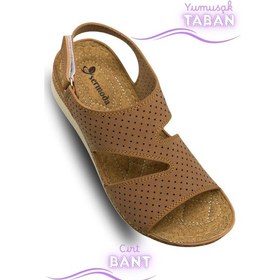 Resim Sermoda Kadın Sandalet Kalın Ve Yumuşak Taban Rahat Cırtlı Kadın Sandalet Taba 