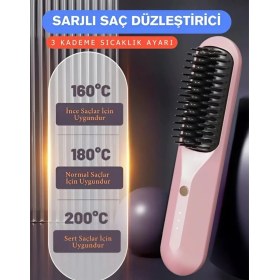 Resim Şarjlı, 3 Kademe Ayarlı, Taşınabilir Saç Şekillendirici Fırça ve Tarak, Pembe Renk 