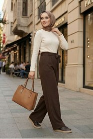 Resim adamila Kadın Beli Bağlama Detaylı Lastik Geniş Paça Tesettür Pantolon 