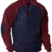 Resim Erkekler için Renk Bloklu Yarım Düğmeli Stand Yaka Sweatshirt Kış Sonbahar Retro Kadife Sweatshirt Uzun Kollu Üstler 