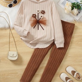 Resim Kızlar İçin İki Parçalı Takım: Şık Kapüşonlu Çizgili Nakışlı Düzensiz Desenli Uzun Kollu Üst + Düz Renk Dar Kesim Ayak Bileği Boy Pantolon, Bahar/Sonbahar için Mükemmel Dış Mekan Giyimi 