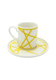 Resim Renkli Geometrik Çizgili 6 Kişilik Porselen Kahve Fincan Takımı Sarı 