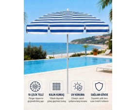 Resim Durul Plaj Şemsiyesi Balkon Bahçe Güneş Şemsiyesi 200CM 10 Telli Uv Korumalı - Mavi Çizgili 