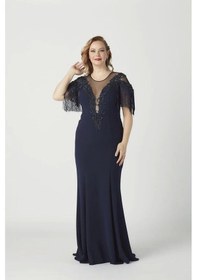 Resim Moda Berray 8009 Işlemeli Püsküllü Büyük Beden Uzun Abiye Lacivert Lacivert 