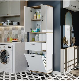Resim Çamaşır Sepetli Banyo Dolabı, Çok Amaçlı Dolap 60 X 200, Roomart Atlantik Çam - Beyaz 