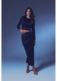 Resim Sateen Simli Midi Etek - Lacivert-135384 Lacivert 