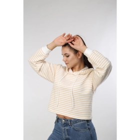 Resim Kadın Çizgili Kapüşonlu Crop Spor Sweatshirt 