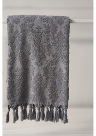 Resim %100 Pamuk Jakarlı Banyo Havlusu - Kabartma Damask Desenli - 90x150 Cm - Antrasit Antrasıt Antrasit 
