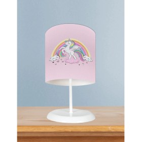 Resim Mekta Home Bebek ve Çocuk Odası Gökuşağı ve Unicorn Desenli Pembe Abajur 