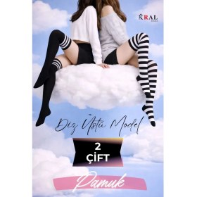 Resim Kral Socks Kadın Dizüstü Çorap (2 Çift) Günlük Düz Çizgili Pamuklu Diz Üstü Siyah Çorap Yeni Trend 