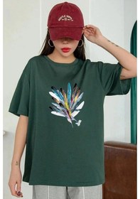 Resim Hırsch Yeşil Kadın Oversize Tüy Baskılı T-shirt Yeşil 