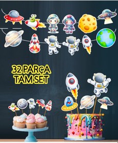 Resim 32 Parça Uzay Astronot Temalı Dev Set Doğum Günü Süsü, Banner Pasta Kürdanı Cupcake Süsü +0 