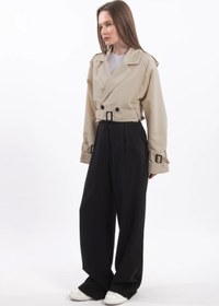 Resim Oversize Kısa Kruvaze Kesim Kemerli Trençkot 7701 - Bej - Bej / L 