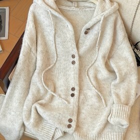 Resim Kadınlar İçin Kore Tarzı Kışlık Kapüşonlu Hırka Ceket - Kalın Kore Stili Kapüşonlu ve Düğmeli Ön Kısmı, Yumuşak Bol Kesim Uzun Kollu Dış Giyim, Makinede Yıkanabilir Rahat Kışlık Kazak (Kemer/Bağcık Yok) - Kore Modası 