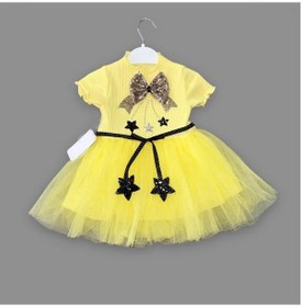 Resim 1-2-3 Yaş Payetli Yıldız Nakışlı Astarlı Etek Kız Bebek Tütü Elbisesi Sarı Sarı 
