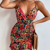 Resim Lotus yaprağı etekli çiçek desenli camisole elbise 