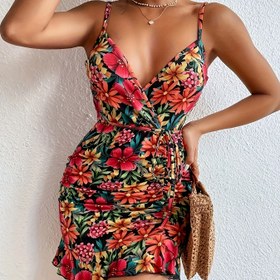Resim Lotus yaprağı etekli çiçek desenli camisole elbise 