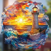 Resim 9 İnç Okyanus Şafağı Deniz Feneri Cam Çıkartması – Canlı 2D Renkli Vitray Sanat, Elektrostatik Yapıştırıcı Olmadan Pencere Stickerı Karavanlar & Ev Dekoru İçin, Su Geçirmez & UV Dirençli PET Film, Doğa Severler İçin Mükemmel Hediye, Manzaralı Pencere Sanatı | Renkli Cam Etkisi | Şeffaf PET Film, Okyanus Temalı Dekor 