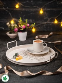 Resim Lin Metal 24cm Yuvarlak Tel Kulplu Tepsi Kaktüs Baskılı - Krem 