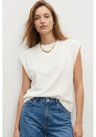 Resim Elemge %100 Pamuk Süprem Tok Kumaş Kadın Oversize Ekru T-shirt Geniş Omuzlu Dökümlü Kolsuz Bol Kalıp 