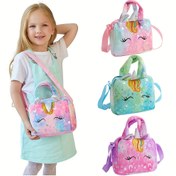 Resim Rastgele Renkli Kızlar Sevimli Unicorn Kadife Omuz Çantası Crossbody Çanta Sevimli Hayvan Unicorn Crossbody Cüzdan Tote, Hediye için İdeal Seçim 
