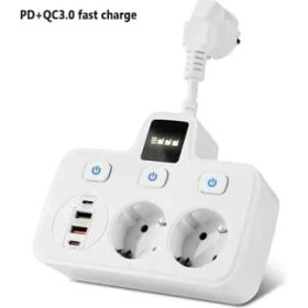Resim Akım Korumalı 2x USB ve 2x Type-C Portlu 3 Anahtarlı Ikili Priz Hızlı Şarj Özellikli Duvar Tipi Kısa Kablolu 2li Priz 
