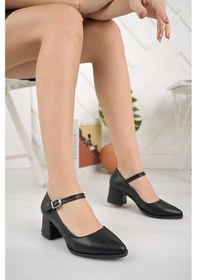 Resim Ay Mood Kadın Mary Jane Balerin Siyah Cilt Arkası Kapalı Tek Bant Sivri Burunlu Baretli Kısa 5CM Topuklu Ayakkabı-d Siyah Cilt Siyah 