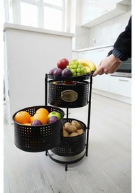 Resim 3 Katlı Tepsili Metal Sebzelik Açılır Metal Patates Soğan Meyvelik Sepeti Rafı Siyah Siyah 