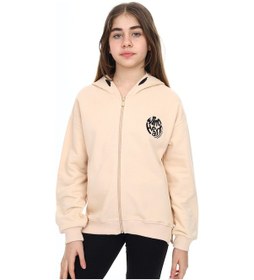 Resim Toontoy Kız Çocuk Kapüşonlu Fermuarlı Düşük Omuz Nakış Baskılı Yırtmaç Detaylı Örme Hırka - 3 İplik Şardonsuz Bej 