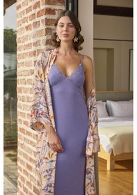 Resim Monamise Kadın Yaprak Desenli Dantelli Ve Dekolteli Sabahlık Takımı 24045-mor Mor 