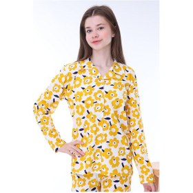 Resim Zuzunga Sarı Papatya Desenli Düğmeli %100 Pamuk Kız Çocuk Pijama Takımı Sarı 