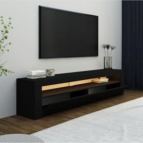 Resim Batı LED Işıklı 2 Kapaklı TV Sehpası – 150 cm – Minimal Tasarım, Düz Siyah 