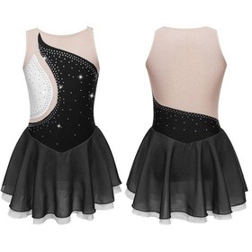 Resim Siyah Bale Dans Elbise Çocuk Kız Taklidi Örgü Etekli Jimnastik Leotard Performans Şekil Buz Pateni Elbise Giyim Siyah 
