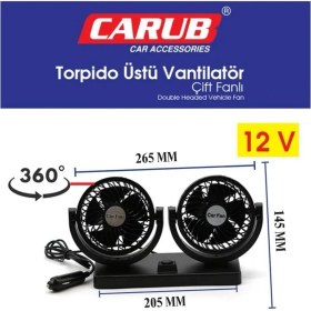 Resim 12V VANTİLATÖR 4 '' (ÇAKMAK FİŞLİ) (TORPİDO ÜSTÜ) (ÇİFT DEVRE) (360° AYARLANABİLİR) (265*110*145 MM) 