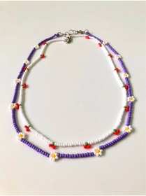 Resim Handmade Minimal Boncuk Papatya-kiraz Ikili Kolye Seti 