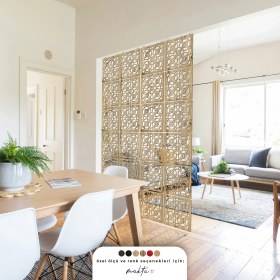 Resim Makta ® Perde Paravan | Lazer Kesim Ahşap Sarkıt Seperatör, 4'lü Panel Levha Seti 