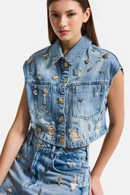 Resim Kadın Kot Rengi 12s6-32 Crop Fit Özel Dikim Aksesuar Tasarım Denim Ceket - Kot Renk / L 
