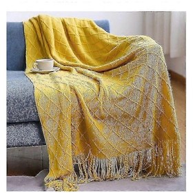 Resim Nordic Örgü Battaniye - Yumuşak, Dokulu Ve Sağlam, Avrupa'da Kanepe, Yatak Ve Noel Dekorasyonu İçin 127x172 Cm, Elmas Sarısı 