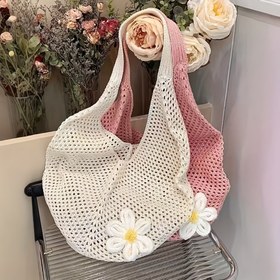 Resim Çiçek Detaylı Açık Desenli Tek Omuzlu Hafif ve Şık Beyaz Dantel Tote Çanta - Plaj veya Rahat Gezintiler için Şık ve Hafif Plaj Çantası 