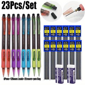 Resim 23 adet 0.5/0.7mm Yan Basınlı Mekanik Kalem Seti, 8 Kalem + 12 Kutu HB Yedek Kalemler + 2 Silgi + Kalem Çantası - Yazmak, Çizmek, Ofis Malzemeleri, Ofis Malzemeleri için İdeal | Renkli Kalem Seti | Plastik Yapı, Mekanik Kalem 