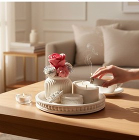 Resim Dekoratif Tepsi Seti Mumlu Ve Çiçek Detaylı Şık Ev Dekoru Beyaz 