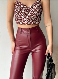 Resim Kadın Ispanyol Paça Deri Pantolon Bordo Bordo 