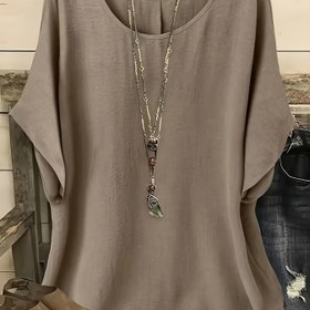 Resim Kadınlar için Günlük Batwing Kollu Bluz - Esnek Polyester-Spandex Karışımı, Büyük Beden Dostu, Rahat Kesim ve Büzgülü Detaylı & Yuvarlak Yaka, Tüm Sezonlara Uygun Düz Renk, Makinede Yıkanabilir 