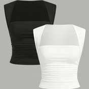 Resim Şık Siyah Beyaz Kadın Bodycon Camisole İki Parça Set DP010638 