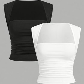 Resim Şık Siyah Beyaz Kadın Bodycon Camisole İki Parça Set DP010638 