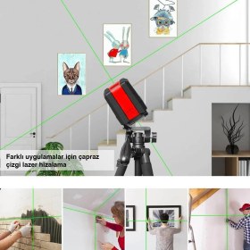 Resim Kobb KBL92G Yatay ve Dikey Otomatik Hizalamalı Yeşil Çapraz Çizgi Lazer, 2 Noktalı Şakül Lazer Distomat + Mini Tripod 
