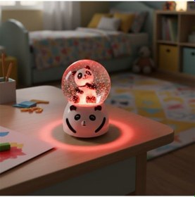 Resim Pilli Işıklı Müzikli Kar Küresi-sevimli Panda Figürlü Eğlenceli Masaüstü Biblo, Led Aydınlatmalı Dekoratif Hediyelik Kar Küresi 