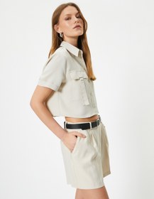 Resim Crop Gömlek Kargo Cepli Kısa Kollu Düğmeli Modal Karışımlı 