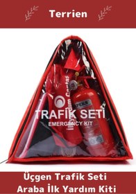 Resim Terrien TSE Belgeli Tüvtürk Uyumlu Üçgen Trafik Seti Bez Çantalı Karayollarına Uygun Araba Ilk Yardım Üçgen 